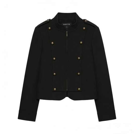 Damen Kurzjacke im Military-Stil mit Stehkragen, Zierknopfleiste und feinem Nadelstreifen Nord Taschen