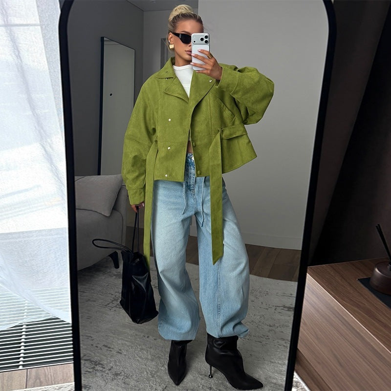 Damen Taillierte Kurzjacke in Velourslederoptik mit weitem Ärmel und Bindegürtel Nord Taschen