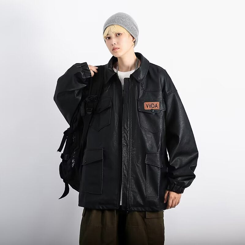 Unisex Oversized Utility Lederimitat Jacke mit Mehreren Klappentaschen Nord Taschen