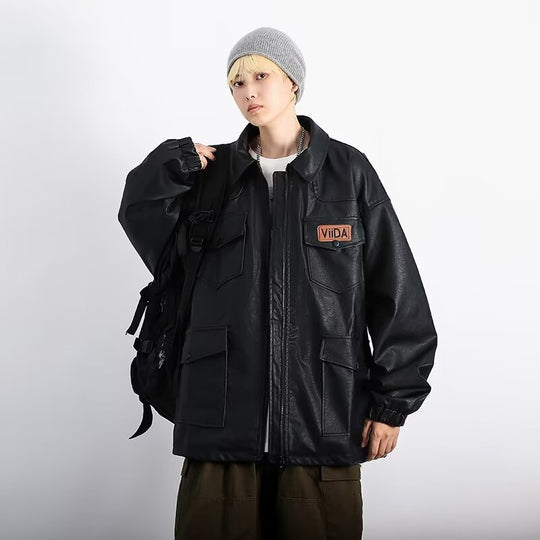Unisex Oversized Utility Lederimitat Jacke mit Mehreren Klappentaschen Nord Taschen