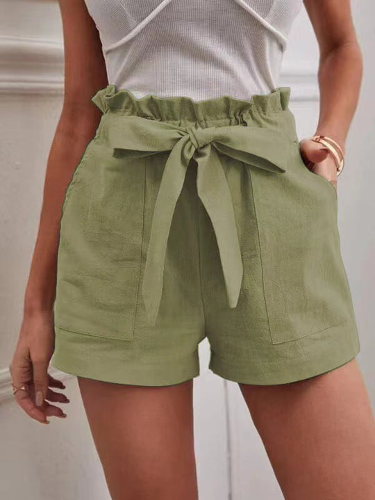 Damen kurze Lockere Leinenhose mit Bindegürtel