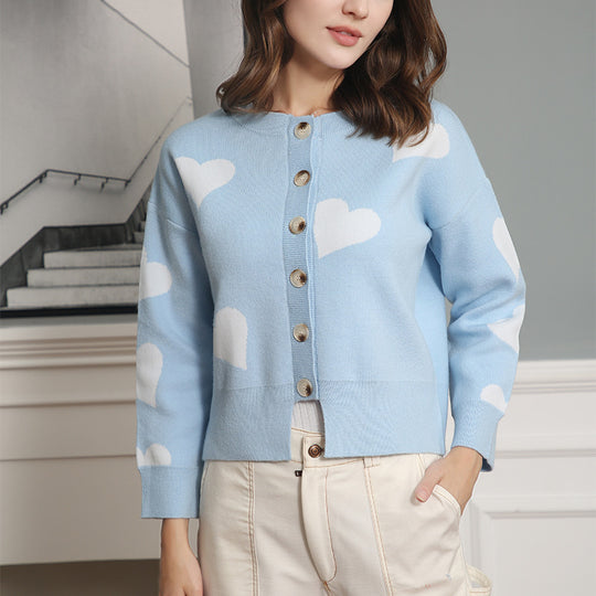 Damen Geknöpfter Oversize-Strickcardigan mit Herz-Jacquard und Perlmuttknöpfen Nord Taschen