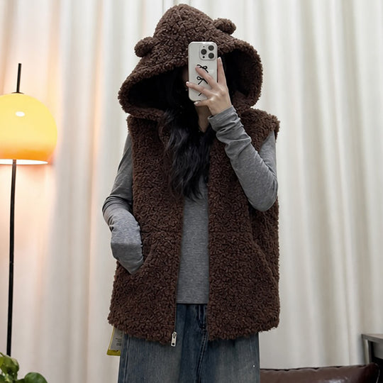 Damen nan kuschelige Teddyweste mit Kapuze und Reißverschluss Nord Taschen