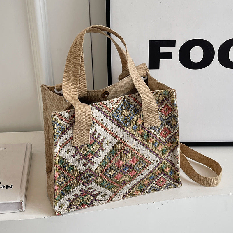 Damen Jute-Tasche mit kunstvollem geometrischen Muster Nord Taschen