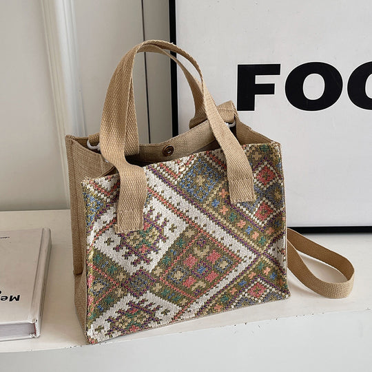 Damen Jute-Tasche mit kunstvollem geometrischen Muster Nord Taschen