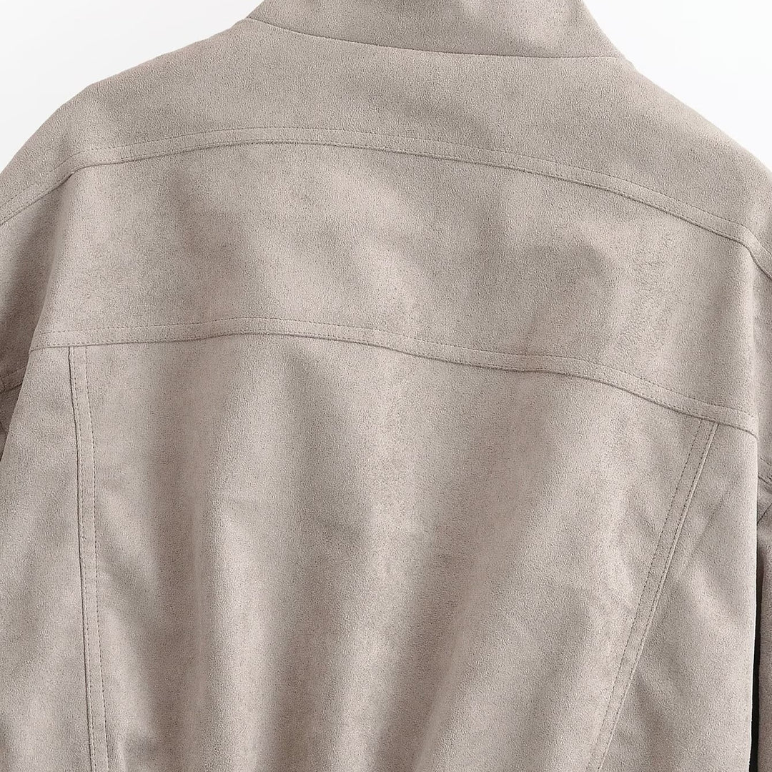Damen Kurzblouson im Fieldstil aus Veloursleder-Optik mit Stehkragen, Schulterriegeln und breitem Rippbund Nord Taschen