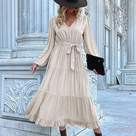 Damen Langes Satin‑Optik Stufenkleid mit V‑Ausschnitt, Bindegürtel und Volantsaum Nord Taschen