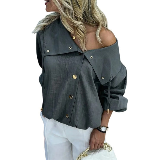 Damen Oversize Off-Shoulder Leinenbluse mit asymmetrischem Kragen und Zierknopfleiste Nord Taschen