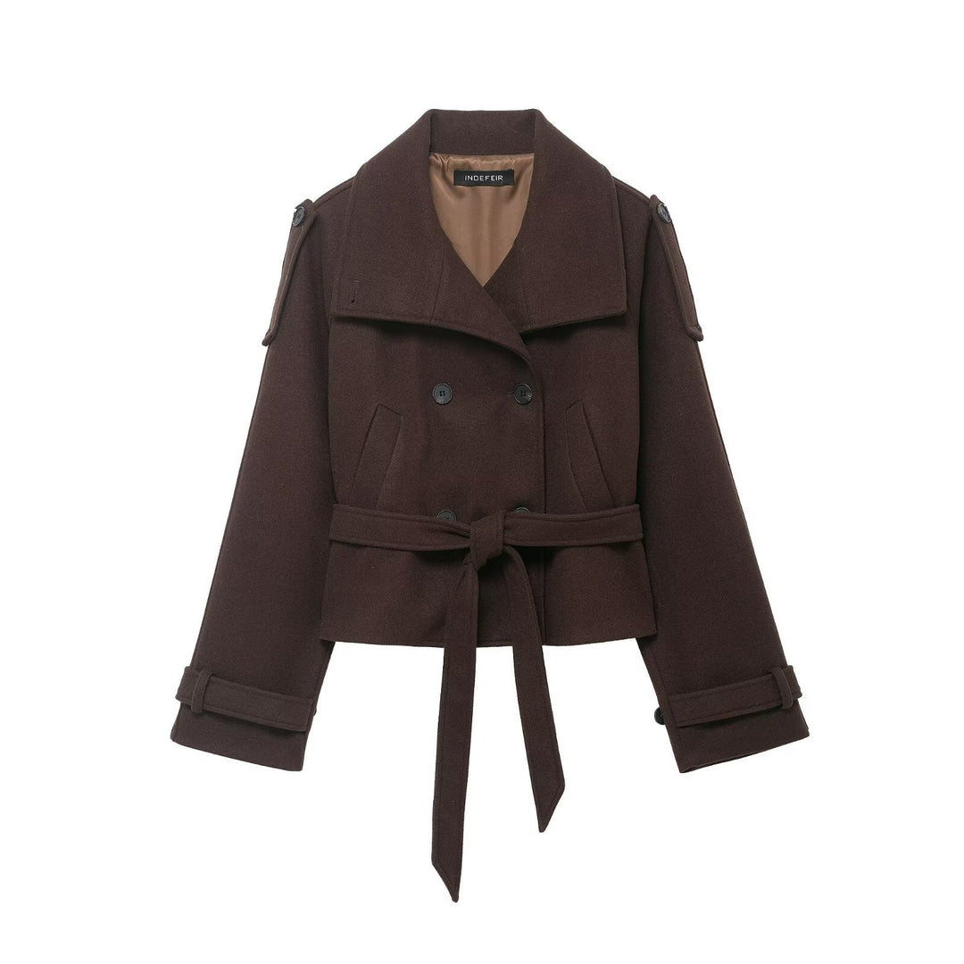 Damen Cropped Wollmix‑Kurzmantel mit hohem Stehkragen, Epauletten und Taillengürtel Nord Taschen