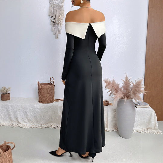 Damen Elegantes Off-Shoulder Maxikleid mit Rüschen und Hohem Schlitz Nord Taschen