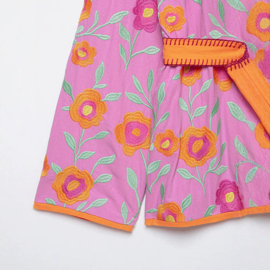 Damen Besticktes Kimono-Blouson mit Taillengürtel und floraler Stickerei Nord Taschen