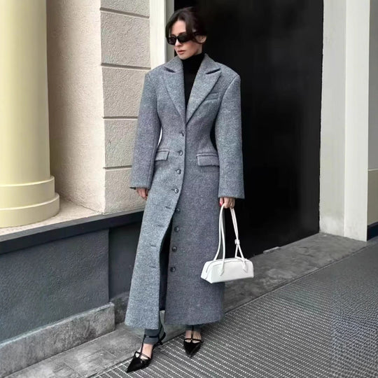 Damen Longline-Wollmixmantel mit Schalkragen und Pattentaschen Nord Taschen