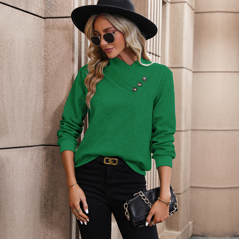 Damen Eleganter Langarmpullover mit schrägem Halsausschnitt und Knopfdetails Nord Taschen