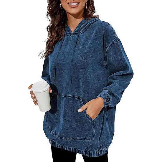 Damen Oversize Kapuzenpullover aus verwaschenem Jeansstoff mit Kängurutasche Nord Taschen