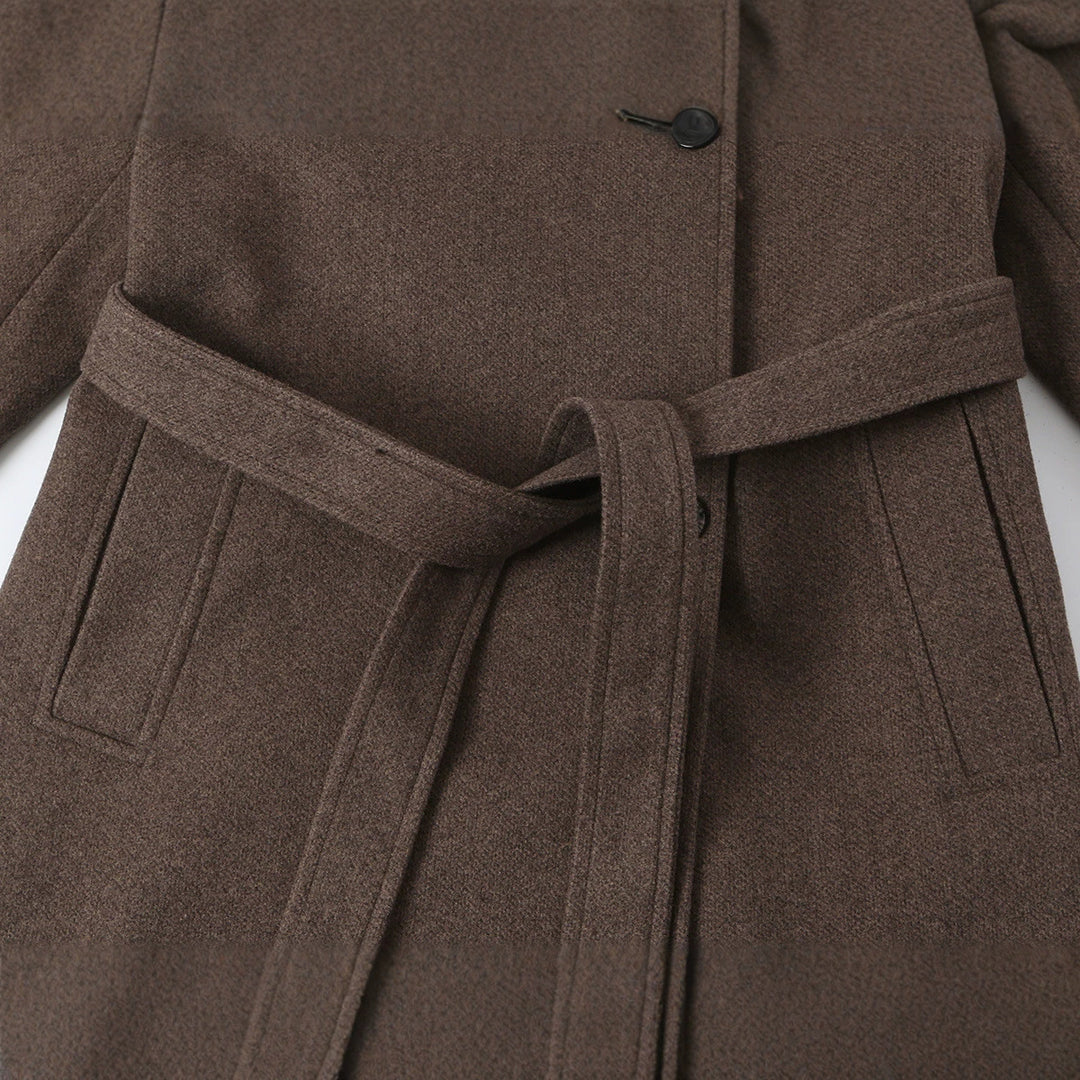 Damen Wollmantel mit Stehkragen, Bindegürtel und asymmetrischer Knopfleiste Nord Taschen