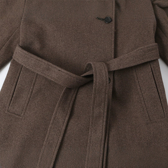 Damen Wollmantel mit Stehkragen, Bindegürtel und asymmetrischer Knopfleiste Nord Taschen