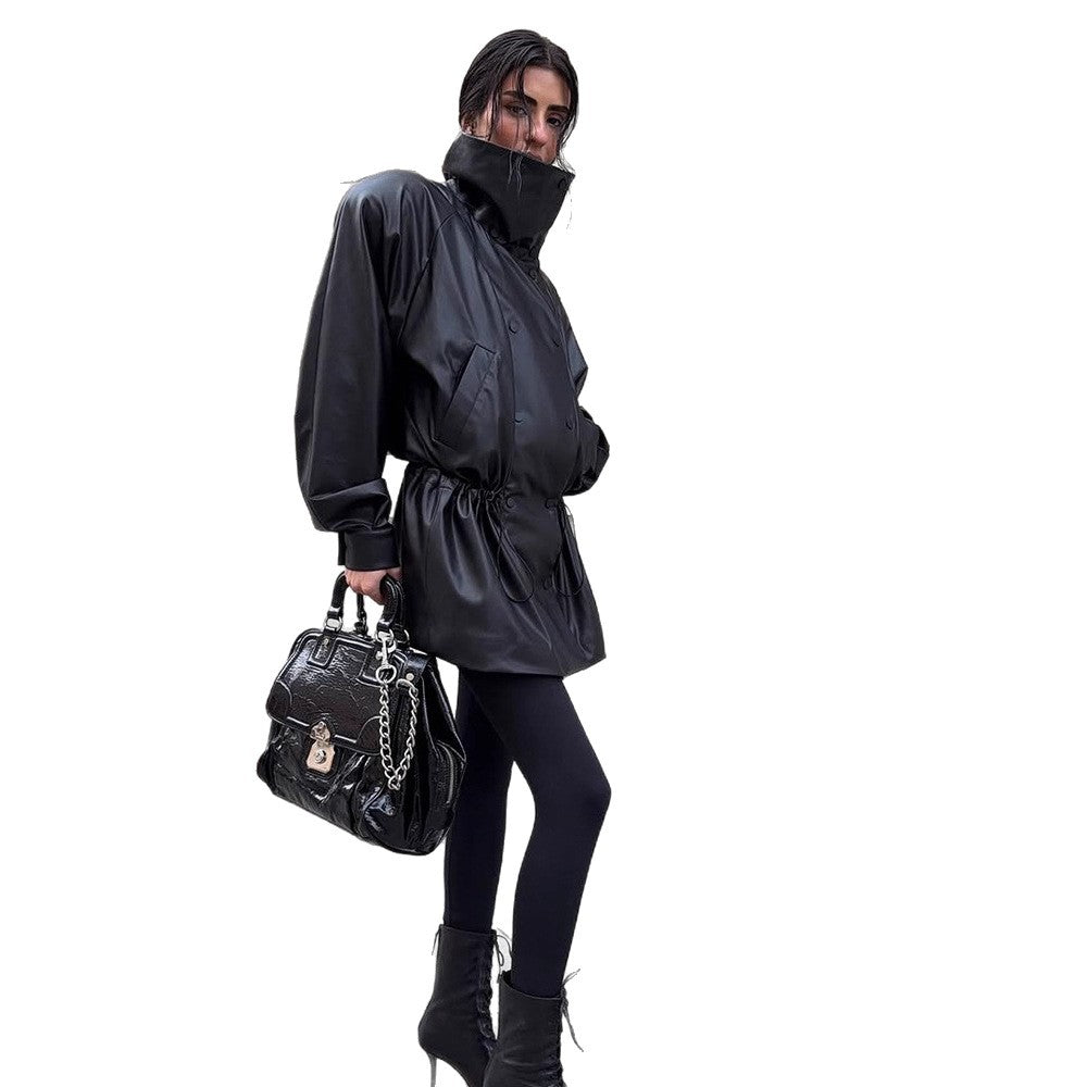 Damen Oversize Kunstleder-Parka mit hohem Stehkragen und verstellbarem Kordelzug Nord Taschen