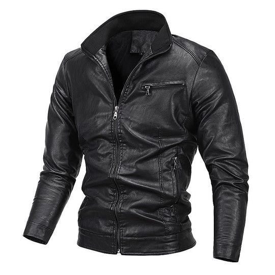 Herren schlanker Kunstleder‑Moto‑Blouson mit Stehkragen und Reißverschluss Nord Taschen