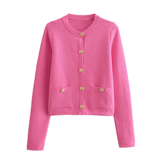Damen Kurzgeschnittener Bouclé-Cardigan mit Rundhals, Pattentaschen und Münzknöpfen Nord Taschen