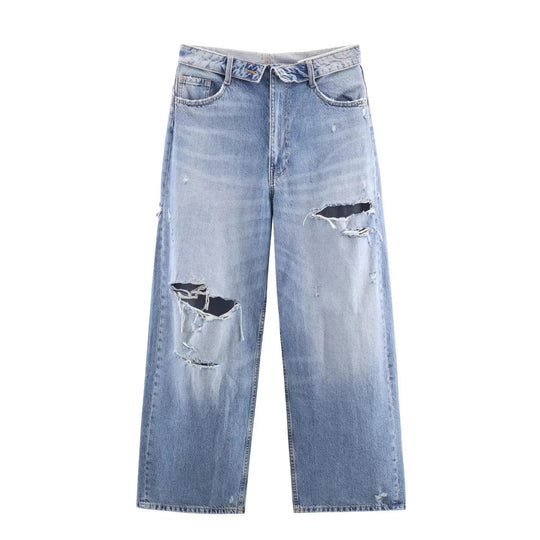 Damen Weite Destroyed-Jeans mit hoher Taille und geradem Bein Nord Taschen