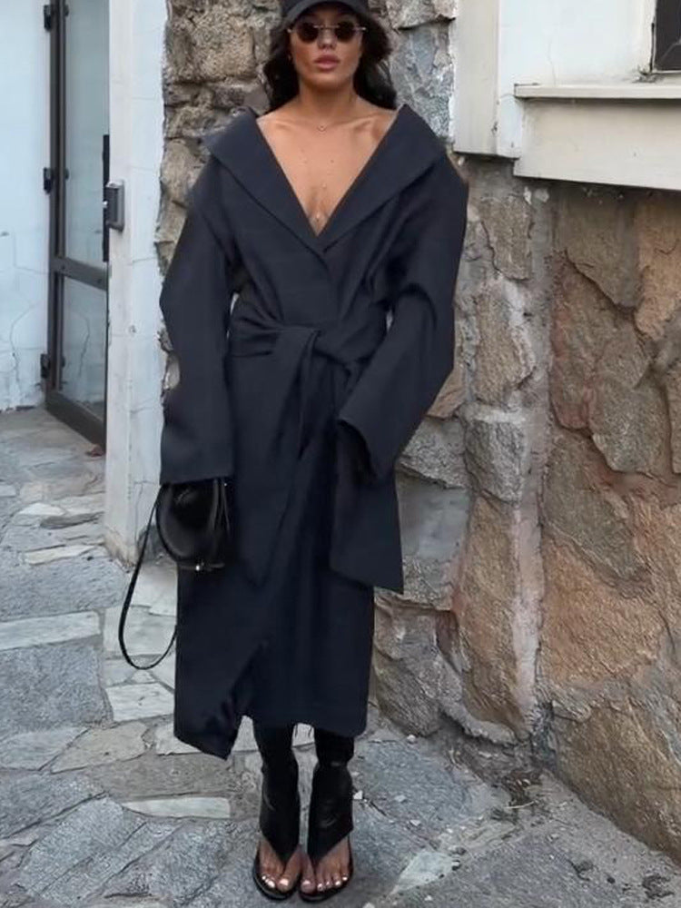 Damen Oversize Wickelmantel mit weitem Schalkragen und Bindegürtel Nord Taschen