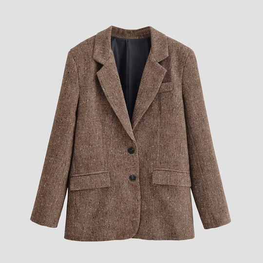 Damen Oversized Tweed-Blazer mit Fischgrätenstruktur, Pattentaschen und klassischem Revers Nord Taschen