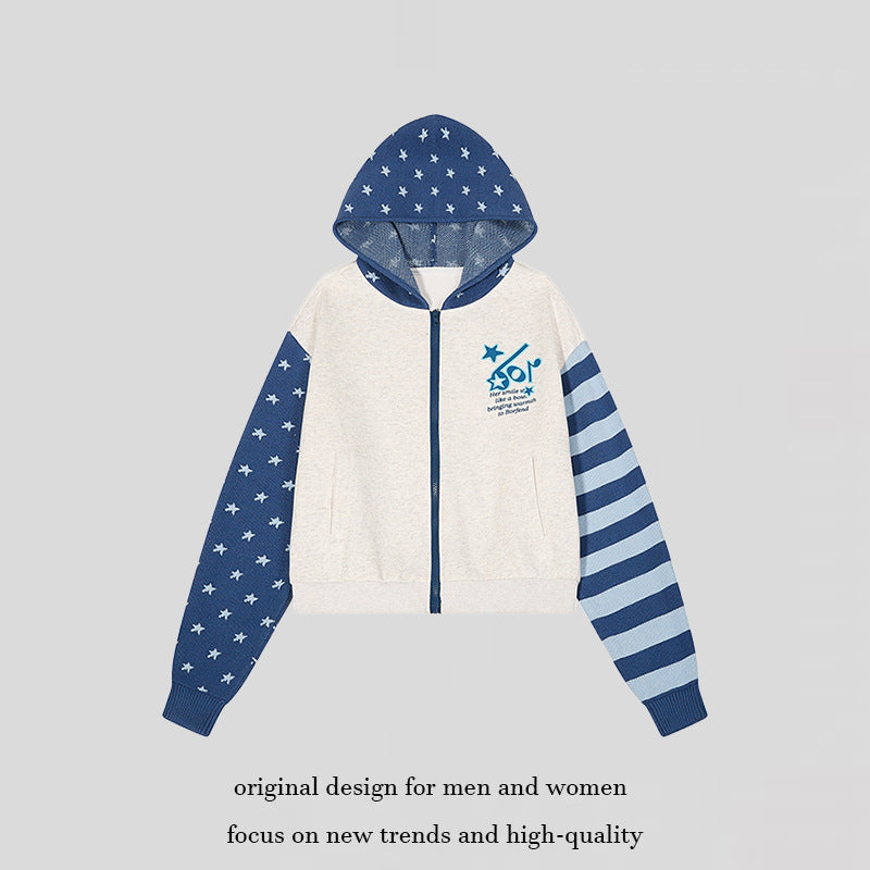 Damen Kurz geschnittene Kapuzen-Sweatjacke mit durchgehendem Reißverschluss, gemusterten Ärmeln und Sternmotiv Nord Taschen