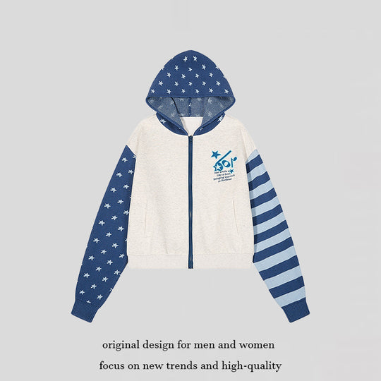 Damen Kurz geschnittene Kapuzen-Sweatjacke mit durchgehendem Reißverschluss, gemusterten Ärmeln und Sternmotiv Nord Taschen
