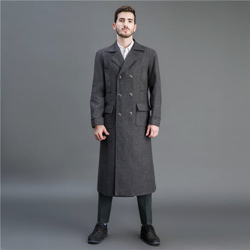 Herren Eleganter lang geschnittener Wollmantel mit Doppelreihe und Pattentaschen Nord Taschen