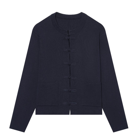 Damen Kurzer Strukturstrick-Cardigan mit Knoten-Froschverschlüssen und aufgesetzten Taschen Nord Taschen