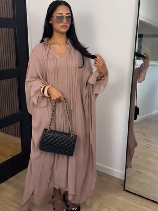 Damen Maxikleid im Kaftan-Stil mit Rüschenkragen, Bindebändern und voluminösen Ärmeln Nord Taschen