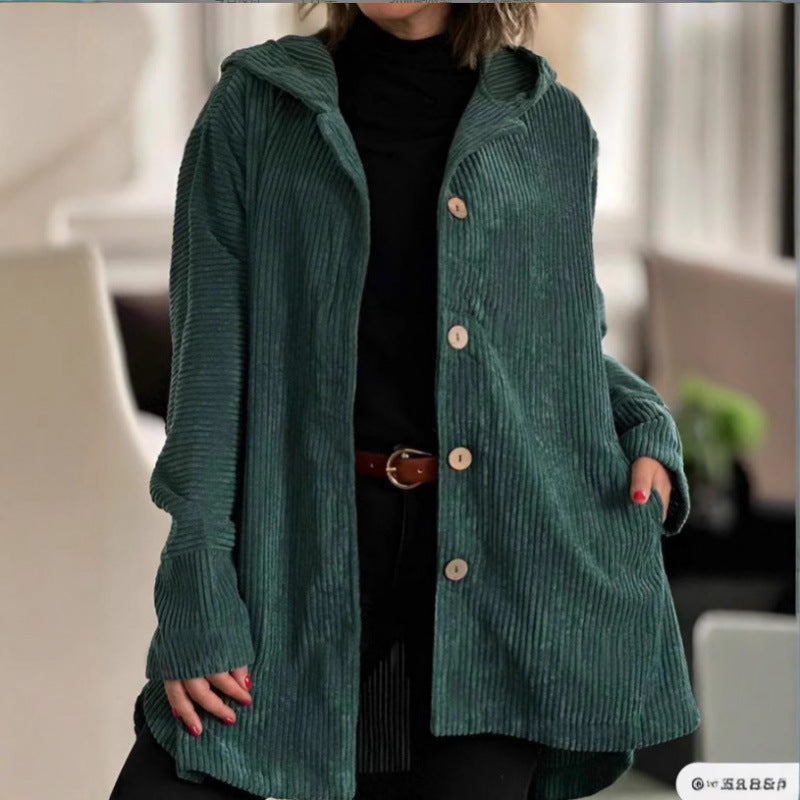 Damen Langer Kapuzen-Strickcardigan mit Rippenstruktur, Knopfleiste und Seitentaschen Nord Taschen