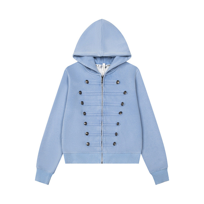 Damen Kapuzen-Sweatjacke mit militärischer Knopfverzierung und durchgehendem Reißverschluss Nord Taschen