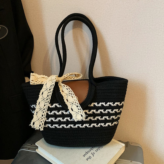 Damen Jute-Handtasche mit dekorativem Spitzenband Nord Taschen