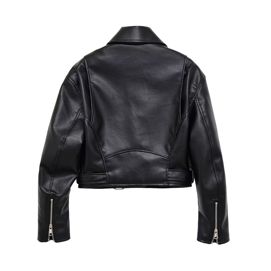Damen Bikerjacke aus veganem Lederimitat mit asymmetrischem Reißverschluss und Taillengürtel Nord Taschen