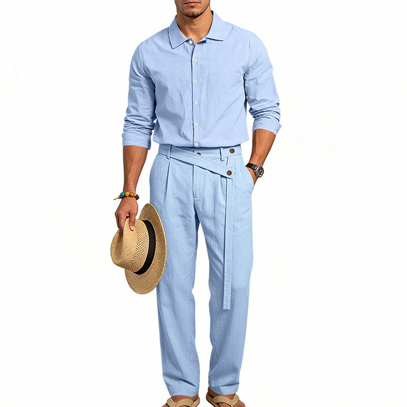 Herren nan eleganter Leinen-Zweiteiler mit Hemd und Hose mit hohem Bund und Bindegürtel