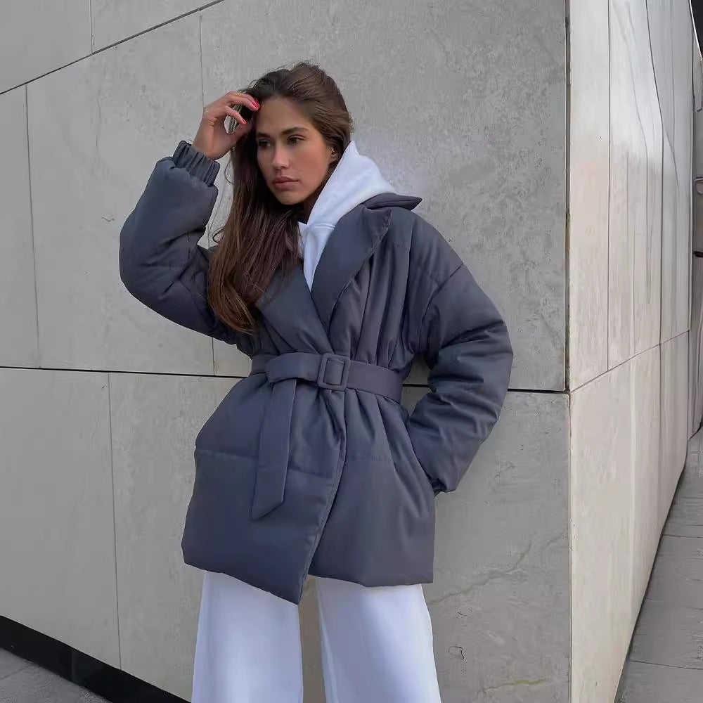 Damen Wattierte Taillierte Steppjacke mit Gürtel und Kapuze Nord Taschen