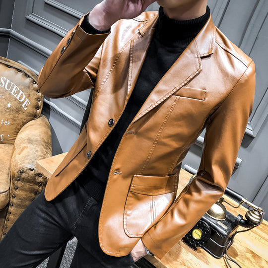 Herren Lässiges Slim-Fit Kunstleder-Sakko mit Reverskragen und aufgesetzten Taschen Nord Taschen