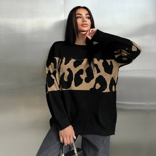Damen Oversized Strickpullover mit Leoparden-Bahnen, überschnittener Schulter und geripptem Saum Nord Taschen