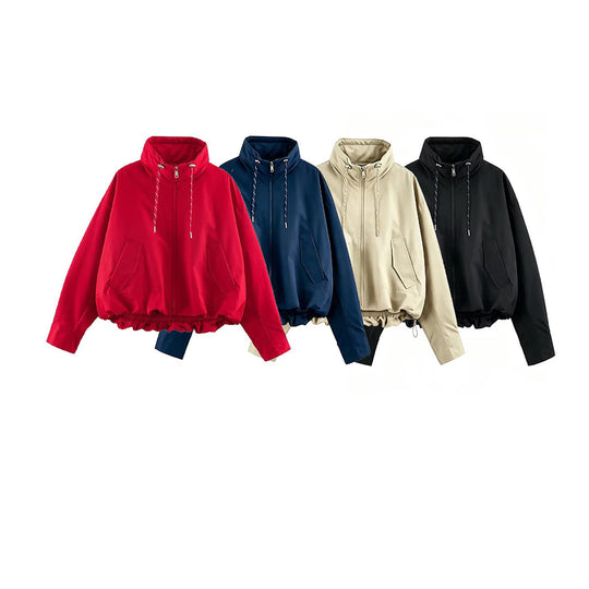 Damen Cropped Oversize Windbreaker mit hohem Funnelkragen, Kordelzug und gerafftem Elastikbund Nord Taschen