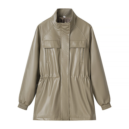 Damen Kunstleder-Parka mit Tunnelzugtaillen, Stehkragen und Pattentaschen Nord Taschen