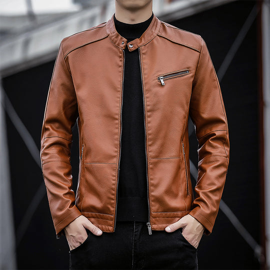 Herren Slim-Fit Kunstleder-Motojacke mit Stehkragen und Reißverschlussdetails Nord Taschen