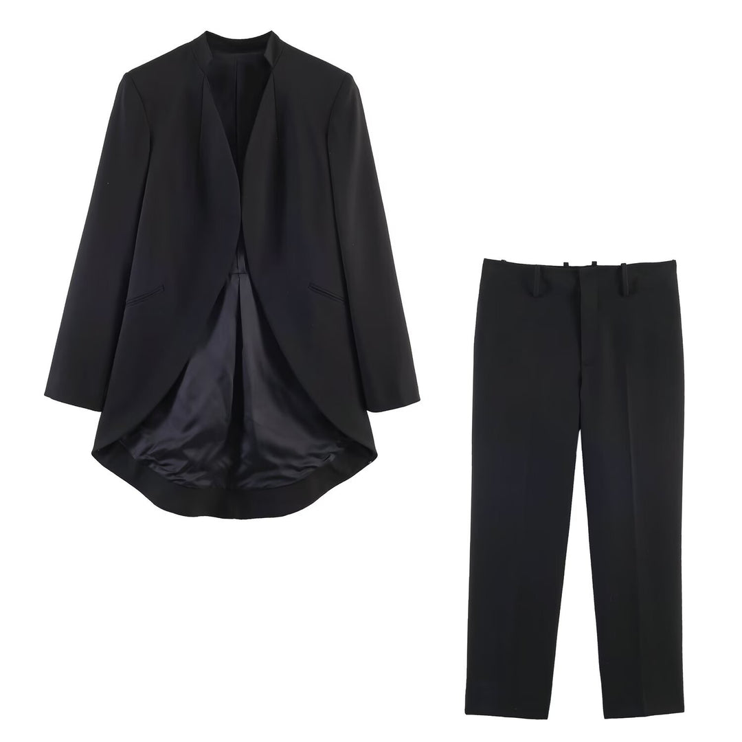Damen Longline-Blazer mit Vokuhila-Saum und kragenlosem Schnitt Nord Taschen