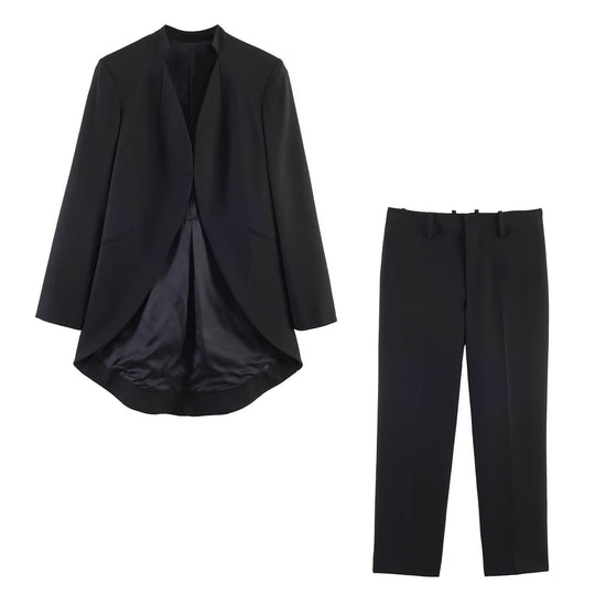 Damen Longline-Blazer mit Vokuhila-Saum und kragenlosem Schnitt Nord Taschen