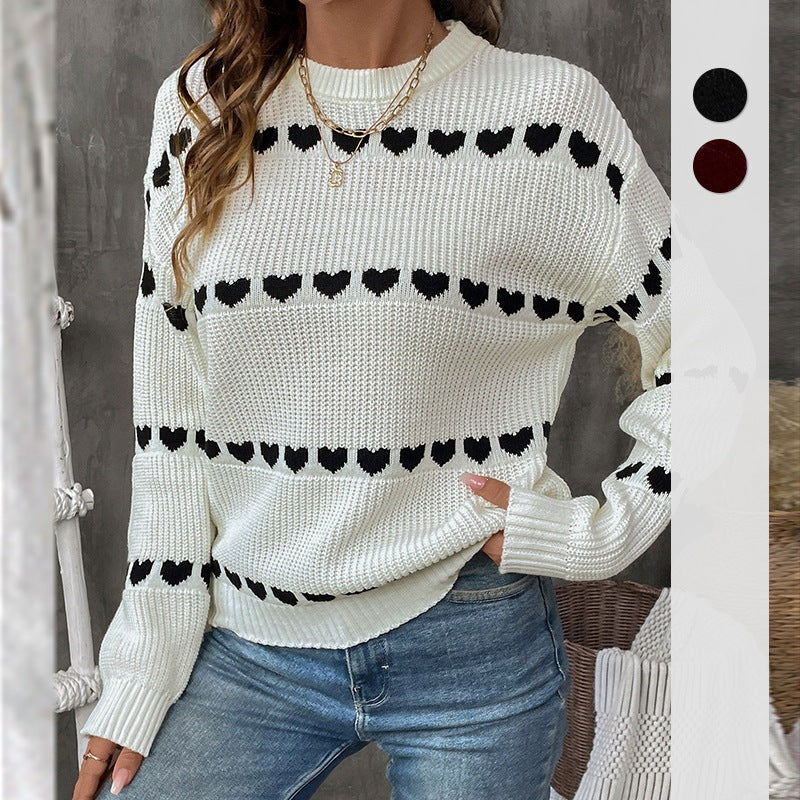 Damen Strickpullover mit Herz-Jacquard, Rundhalsausschnitt und lässiger Oversize-Passform Nord Taschen
