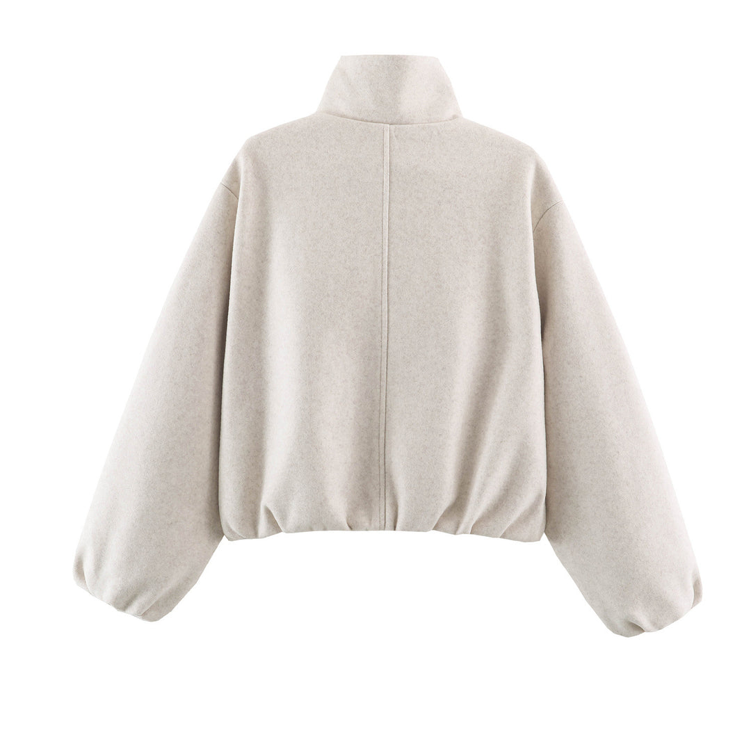 Damen Cropped Wolloptik‑Bomberjacke mit hohem Stehkragen und verdeckten Eingrifftaschen Nord Taschen