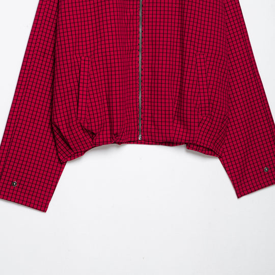 Damen Karierte Cropped Jacke mit Stehkragen und Reißverschluss Nord Taschen