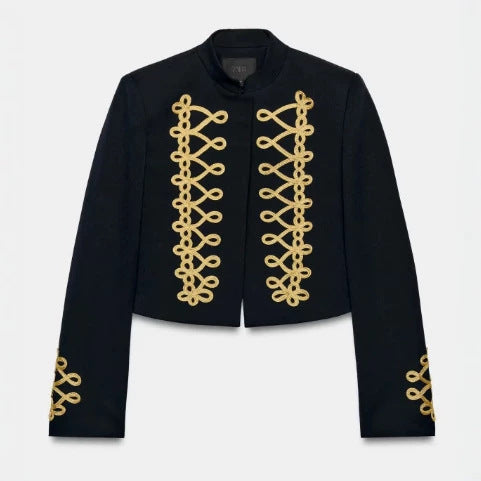 Damen Taillierter Cropped Militärblazer mit Stehkragen und goldverzierten Epauletten Nord Taschen
