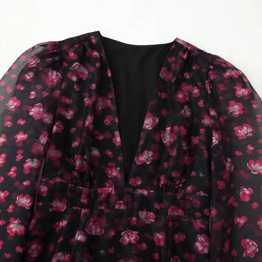 Damen Florales Chiffon-Minikleid mit tiefem V-Ausschnitt, Glockenärmeln und Stufenvolant Nord Taschen