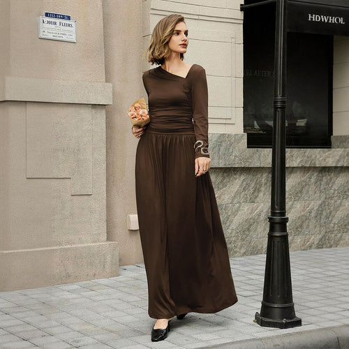 Damen asymmetrisches Maxikleid mit langem Ärmel und geraffter Taillenpartie Nord Taschen